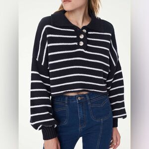 ZARA Cropped Polo Sweater Medium Oversized Knit Henley Navy Stripe Baggy Fit